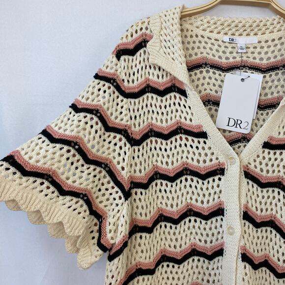 DR2 Daniel Rainn Crochet Open Stitch Sweater Women XL Cream Scalloped Trim Beach - Picture 3 of 9